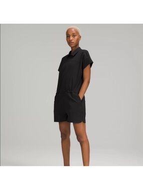 Lululemon Ribbed Stretch Black Short Sleeve Romper with Adjustable Cinch Waist